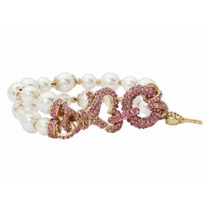 Betsey Johnson Iconic Gold Tone Pinkalicious Pink Crystal Heart & Pearl Bracelet